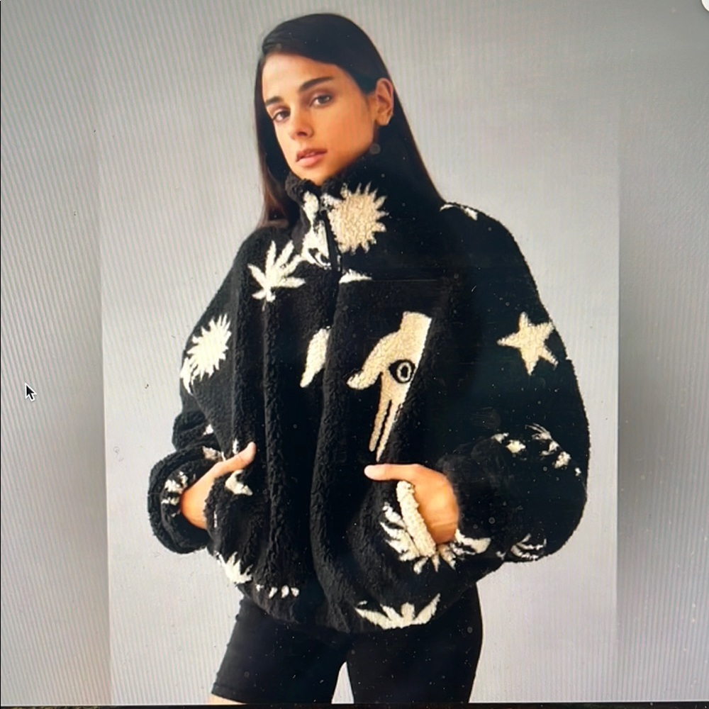 Urban Outfitters Olivia Sherpa Bomber Jacket Hamsa Stars Sun